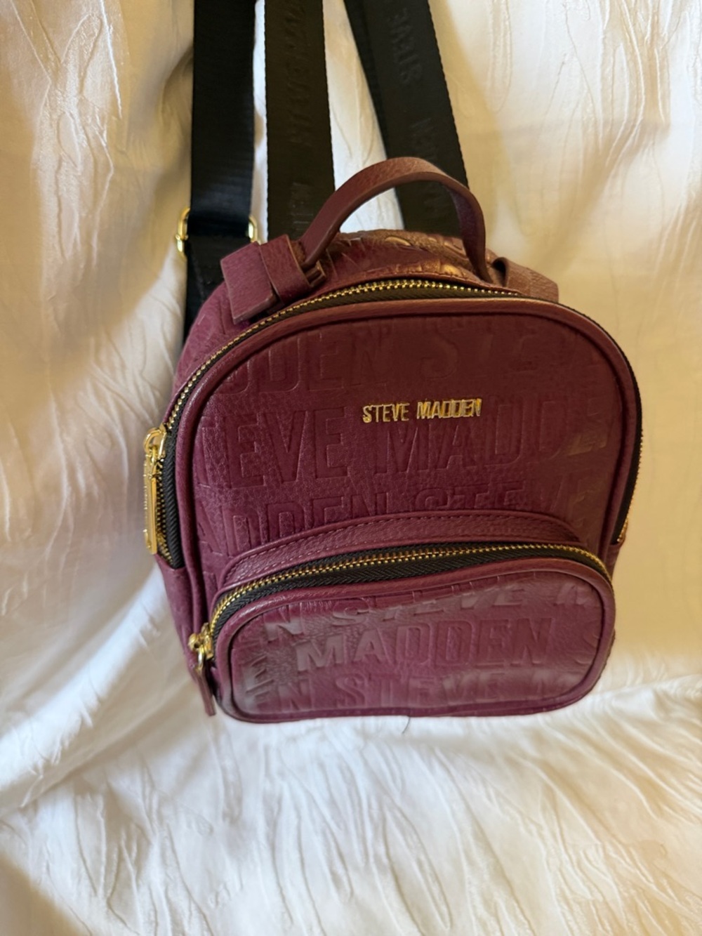 Steve Madden Wine Red Mini Backpack with Gold Accents